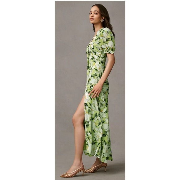 BHLDN x Anthropologie Puff Sleeve Bow Front V-Neck Floral Maxi Dress Green Slit - Picture 2 of 3